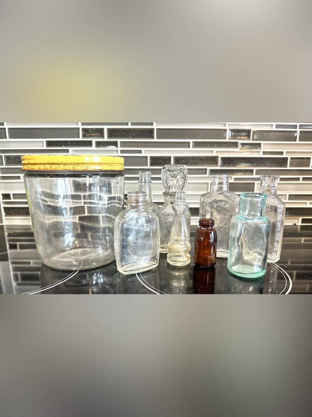 Vintage Antique Small Glass Medicine Bottles & Ball Peanut Butter/Jelly jar (9)